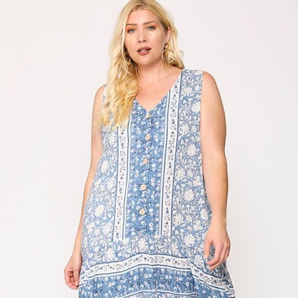 NWT! PLUS Size Boho Sleeveless V Neck Button Down Long Blue Dress Ruffled Hem - Picture 3 of 7